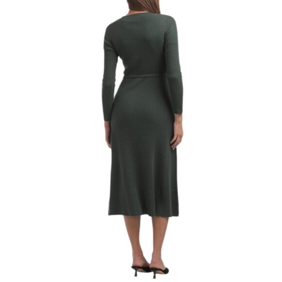 ELIE TAHARI Merino Wool Long Sleeve Crew Neck Logo Belted Ribbed A-line Dress - Picture 2 of 2